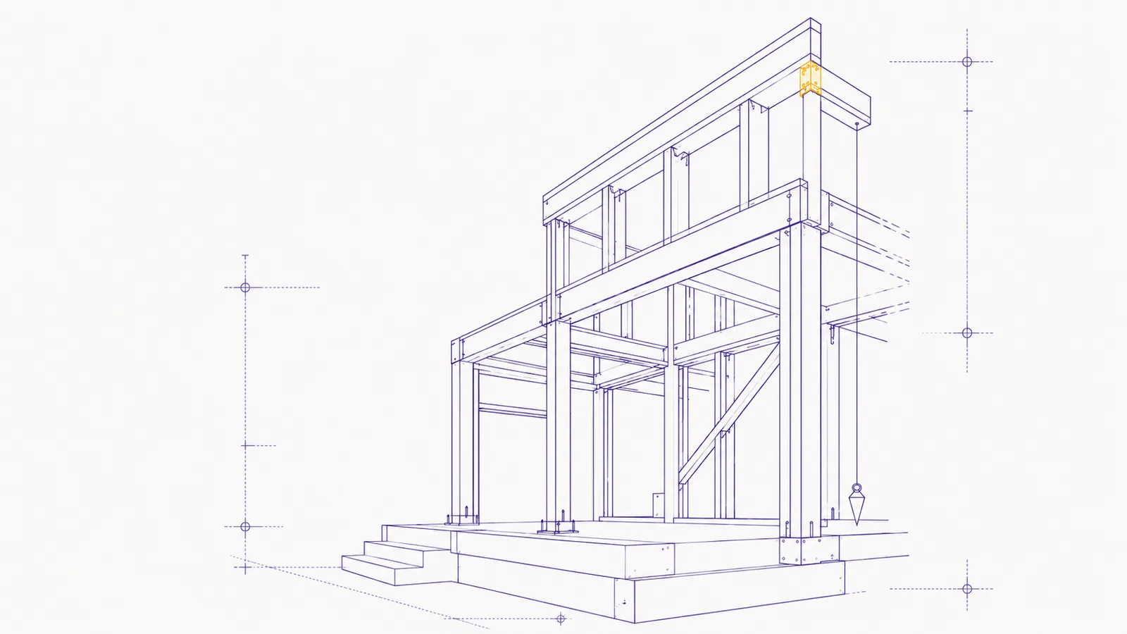 Una ilustración de líneas tipo plano en el morado de Valorous que muestra la estructura de un edificio en construcción — postes, vigas y cimientos sobre una base de concreto, con una unión marcada en naranja y una plomada — que representa un sitio web construido desde los cimientos.