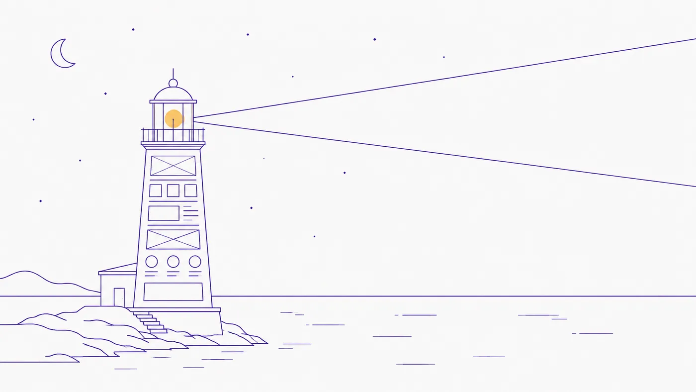 Una ilustración de líneas tipo plano en el morado de Valorous que muestra un faro sobre una costa rocosa de noche, lanzando su haz de luz sobre el agua bajo una luna creciente y estrellas — que representa a Valorous como una luz firme que guía a los negocios que navegan la web