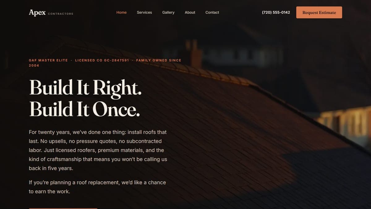 A custom trades website built by Valorous — Apex Contractors, a roofing company